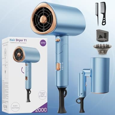 Foldable Ionic Hair Dryer 2000W Professional Blow Dryer with 2 Speed 3 Heat, Cool Shot, Diffuser & Concentrator, Styling Combs, for Men & Women, Blue