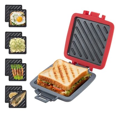 Mico Dingker Microwave Toastie Sandwich Maker, Snack Maker & Panini Press | Removable Non-Stick Plates Silicone Microwavable Cookware, Heatwave Technology, Red