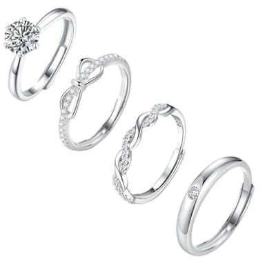 sawyofu Sterling Silver Adjustable Rings For Women 4pcs Cubic Zirconia 925 Silver Plated Wedding Stacking Rings Sets For Women Jewellery