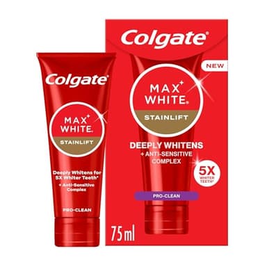 Colgate Max White Stainlift Pro Clean Toothpaste 75ml - 5X Whiter Teeth* in 3 Days - Sensitive Teeth whitening Toothpaste - 24/7 Protection for Sensitive Teeth and Enamel - removes deep-Set Stains