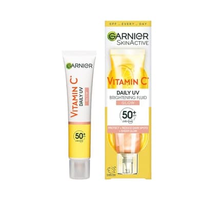 Garnier Vitamin C Daily UV Brightening Fluid Sheer Glow, SPF50+, Prevents + Corrects Sun Damages + Evens Skin tone, Face & Neck, For all skin types, Cruelty-Free, Vegan, 40ml