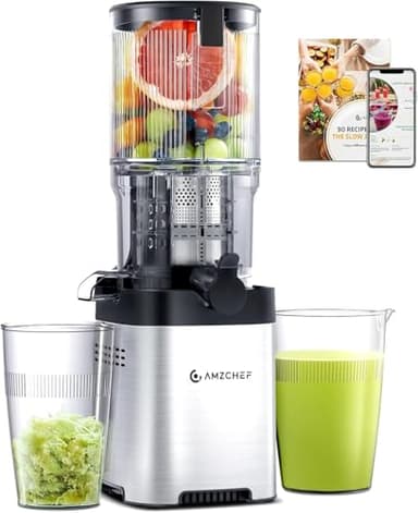 AMZCHEF Cold Press Juicer Machines - Slow Masticating Juicer with 145mm Large Feed Chute, Whole Fruit & Vegetable Juice Maker, Easy Clean, Triple Filter - Stainless Steel