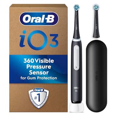 Oral-B iO3 Electric Toothbrush, 2 Toothbrush Heads, Pressure Sensor, Toothbrush for Adults with Travel Case, Gift Ideas for Him/Her, Matt Black, 2 pin plug