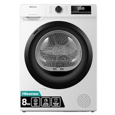 Hisense DH1Q802BW2 60cm Freestanding 8 KG Heatpump Front Load Tumble Dryer, 16 Programmes, Auto Dry, Steam Refresh, Allergy Care - White