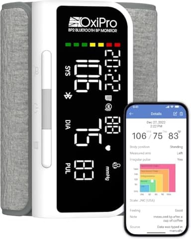 OxiPro BP2 Smart Blood Pressure Monitors with App - Health & Pharma Awards Winner 2025 - Arm Blood Pressure Machines - Universal Small to Large Arm Cuff - Bluetooth BP Monitor