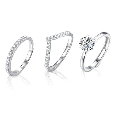 3Pcs Sterling Silver Rings for Women, Adjustable 925 Sterling Silver Rings Women, Stackable Ring with Small Diamond Line, V-Line and 1 Carat Diamond Ring, Elegant Jewellery Gifts for Womens