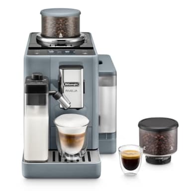 Delonghi Rivelia EXAM440.55.G, Fully Automatic Coffee Machine with LatteCrema Hot, Automatic Milk Frother, Compact Size Bean to Cup Coffee Machine, 16 Recipes, Full Touch Colored Display, Pebble Grey