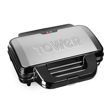 Tower T27013 Fill Sandwich Maker with Extra Deep and Easy to Clean Non-Stick Ceramic Plates, Automatic Temperature Control, Teflon, 900 W, Silver/Black