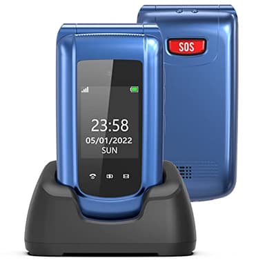 CHAKEYAKE Senior Mobile Phone, GSM Unlocked Flip Phone, Big Button Mobile Phones for Elderly with SOS Emergency Function, Flashlight, FM Radio, 2.4''Dual Display, Charging Dock, Blue