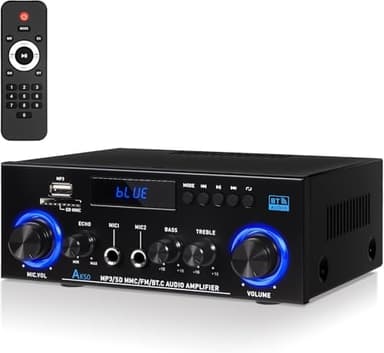 2.0 Channel Stereo Audio Amplifier with Bluetooth 5.3, FM Radio and Microphone - 1000W Peak (50W+50W RMS), Bass/Treble Control, Compatible with TV, Smartphone, Car, PC and Karaoke