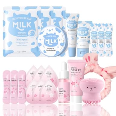 22PCS Milk & Japan Sakura Skin Care for Kids 10-12 Gifts - Teenage Girls Gifts - Milk Skincare Set - Sakura Skin Care Sets & Kits - Daily Skin Care Routine Kit for Women - Deep Hydrating Smoothing