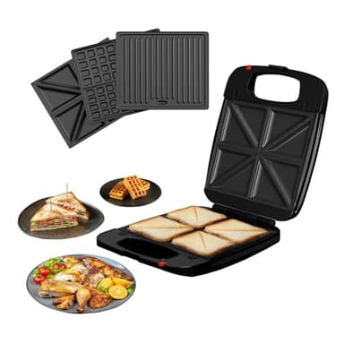 DMD® | 3-in-1 Family Toastie Maker Sandwich Toaster, 4 Slice Waffle Maker, Panini Press Deep Filled Removable Plates with Non-Stick Coating & Drip Trays 1200W