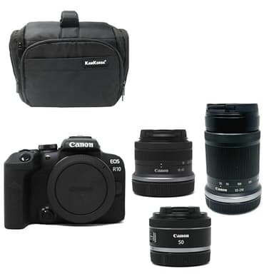 KamKorda Camera Bag + R10 Mirrorless Camera + RF-S 18-45mm + RF-S 55-210mm + RF 50mm STM lenses, 24.2MP APS-C CMOS Sensor, 4K Video + 2 Year Warranty