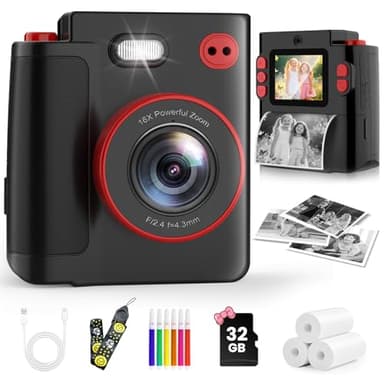 MYSTILUCK Kids Camera Instant Print, 1080P Instant Camera for Kids, Children Digital Cameras with 32GB Card & 3 Rolls Photo Paper, Christmas Birthday Gifts Toys for Boys & Girls Aged 3-12（Black）