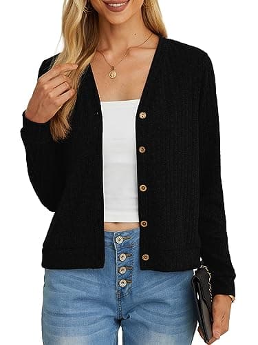 GRECERELLE Women's Crop Cardigan Summer Long Sleeve V-Neck Button Down Knit Lightweight Outerwear Shrug Shawl Bolero Cardigans for Ladies (Black, L)