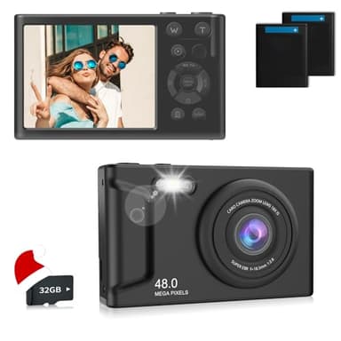 Digital Camera 4K, Nvgfelis 48MP Compact Point and Shoot Camera with 32GB Card, 2×1050mAH Batteries, 16X Zoom Anti-Shake, Portable Small Digital Camera Gift for Students, Kids & Teens (4K-Black-32GB)