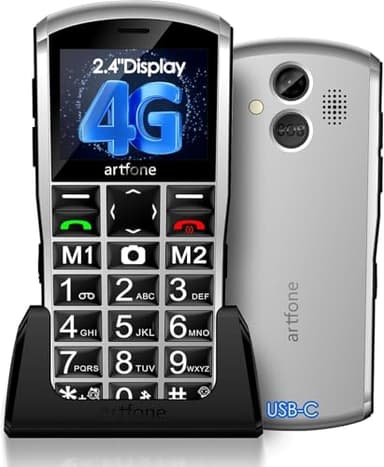 artfone A400 4G Big Button Mobile Phone for Elderly丨USB-C, Charging Dock丨1800mAh Battery丨Easy to Use丨2MP Camera丨2.4‘’ Display丨SIM Free Unlocked Senior Mobile Phone丨SOS Button丨Dual-Nano SIM - Silver