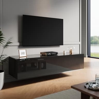 ZANOFIRA Floating TV Stand Cabinet Unit with Hinge LED Sensor Light, High Gloss Black Wall Mounted TV Cabinet with Large Storage Shelves, Modern TV Cabinet for Living Room, 1000 x 400 x 300 mm