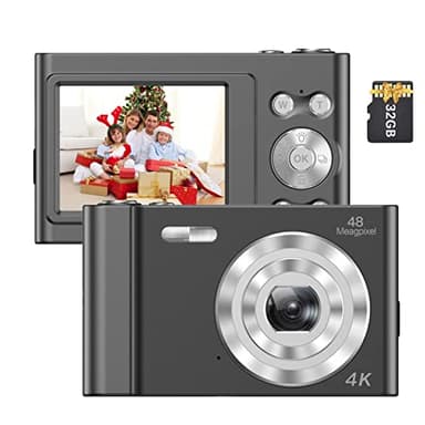 Andoer 4K Digital Camera, 48 MP 2.4 Inch Compact Camera Auto Focus, 16X Digital Zoom, Rechargeable Small Camera with 32 GB Memory Card for Students, Teenagers, Children, Black