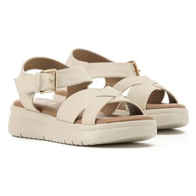 VIVASHOES Women's Lightweight Adjustable Buckle Sandals – Flatform Small wedge Sandal - Soft Comfort Memory Foam Innersoles - True to Size Good for Wide Fit - Comfortable Summer Shoes - Cream 5