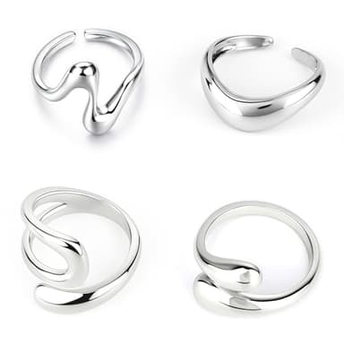 Mikovivi 4pcs Chunky Silver Rings Set for Women, Alloy Adjustable Bold Stackable Statement Bands Trendy Wide Irregular Finger Rings for Fashion & Aesthetic Jewelry