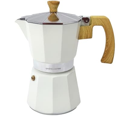 andrew james 6 Cup Moka Pot Coffee Percolator, Italian Espresso Maker Stove top Coffee Maker for Ground Coffee, Aluminium Mocha Pot with Cool Touch Handle (Ivory with Wooden Trim)