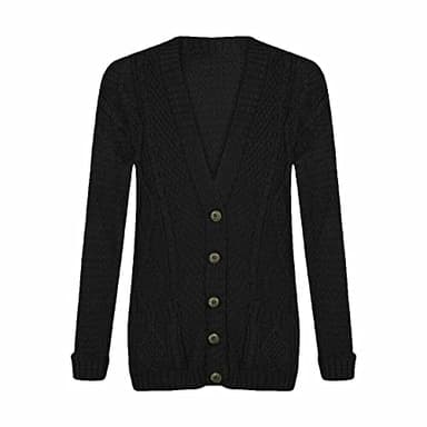 LUXFAB New Womens Everyday Long Sleeve Button Top Ladies Chunky Aran Cable Knit Grandad Cardigan UK Size 8-26 Black