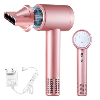 Cordless Ionic Hair Dryer with Digital Screen, 4 Mode Charging Blow Dryer with Magnetic Nozzle, Travel Hair Dryer for Women Kids Outdoor Camping Beaches (Pink)