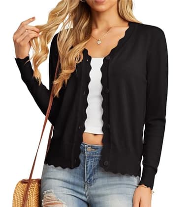 GRECERELLE Ladies Summer Knitted Black Cardigan Women Cardigans V Neck Long Sleeve Knit Jumpers Knitted Cardigans for Women UK (Black, L)