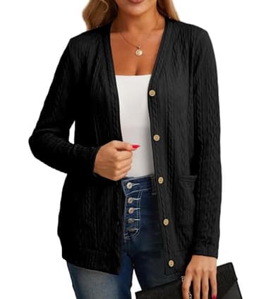 GRECERELLE Womens Cardigan Long Sleeve Lightweight Cardigans Button Down V Neck Ribbed Knit Outerwear Open Front Tops with Pocket for Ladies (Black, XL)