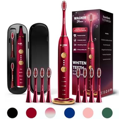 Wagner Stern WHITEN+ Edition. Whitening Electric Toothbrush with Pressure Sensor. Offers 5 Brushing Modes, 3 intensities, 8 Soft Brush Heads, and a Luxury Travel case.