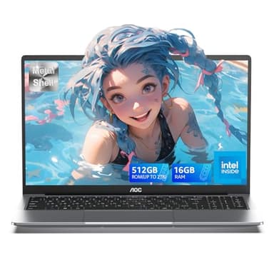 AOC 2025 Newest 13th N150 Laptop 15.6 inch with Quad-Core Processor Up to 3.6GHz (Beat N100/N97/N95), 16GB DDR4 RAM 512GB SSD Notebook with Metal Body, FHD,WiFi 2.4/5,BT5, USB3.2,TF, 5000mAh Battery