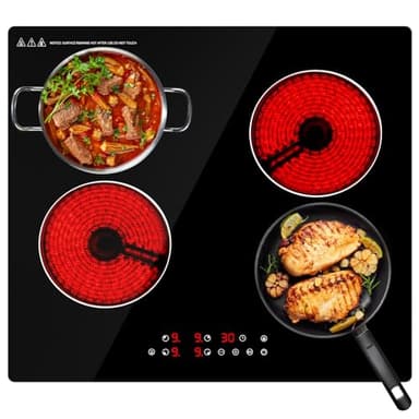 Ceramic Hob,59cm Built-in 4 Zones Electric Hob,6000W,Built in Black Glass Cooker with Touch Control, Child Safety Lock, Timer