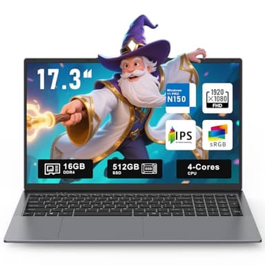 2025 Laptop with N150 (4C/4T, Up to 3.6GHz),17.3" Inch Laptop Computer,16GB RAM 512GB SSD windows 11 laptop Full HD IPS Display WiFi 5 Backlit Keyboard 6Hrs Battery HDMI USB-C Kensington Lock Gray