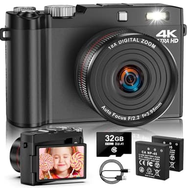 4K Digital Camera - 64MP Autofocus Vlogging Camera, One-Touch Macro & 18X Digital Zoom, 2.8 Inch 180° Flip Screen Compact Cameras for Beginners & Adults, Includes 32GB SD Card & 2 Batteries