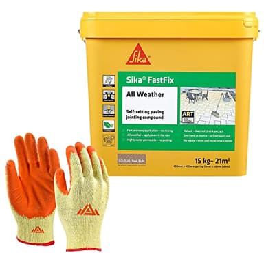 Sika Fast Fix All Weather-Ready to Use, Self-Setting Paving Jointing Compound for Any Weather, Suitable for Stones Setts, Paving Block and Footpaths 15kg - 21 sq.m Dark Buff with Free Gloves