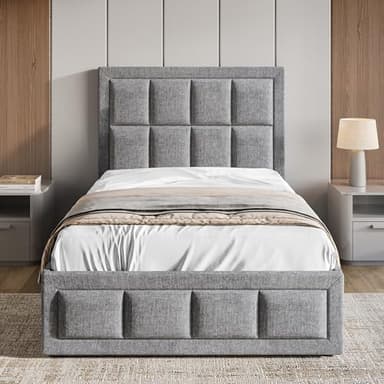 Blisswood Single Bed Frame, 3ft Upholstered Ottoman Bed, UKFR Linen Fabric Ottoman Storage Bed With Gas Lift End Opening Wooden Slats With Storage (3ft Single, 100 x 204 cm, No Mattress)