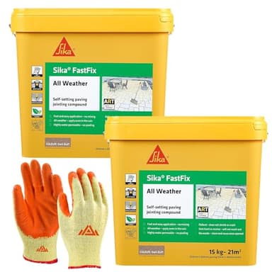 Sika Fast Fix All Weather-Ready to Use, Self-Setting Paving Jointing Compound for Any Weather, Suitable for Stones Setts, Paving Block and Footpaths 15kg - 21 sq.m 2 Pack with Gloves (Dark Buff)