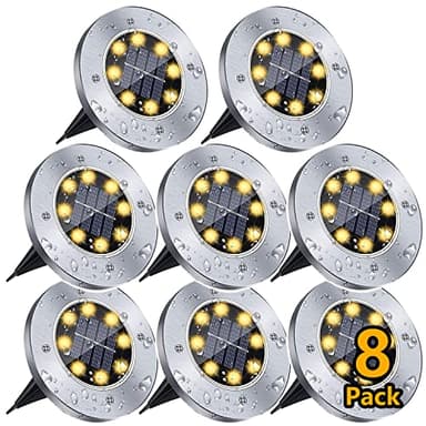Solar Outdoor Garden Ground Lights, 8 LED Waterproof Patio Disk Lights, In-Ground Landscape Lighting, Floor Path Lights for Walkway, Lawn, Steps Decks, Pathway Yard Stairs Fences, Warm White (8 Pack)