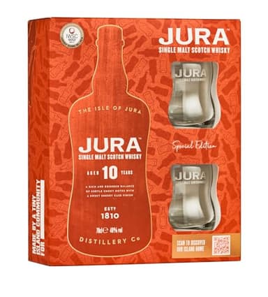 Jura 10 Year Old Single Malt Whisky Gift Set | 70cl 2 Glasses Gift Pack | Fruity and Balanced 40% vol | More than a Whisky, made by a Scottish Island Community | A Sweet, Smooth Single Malt