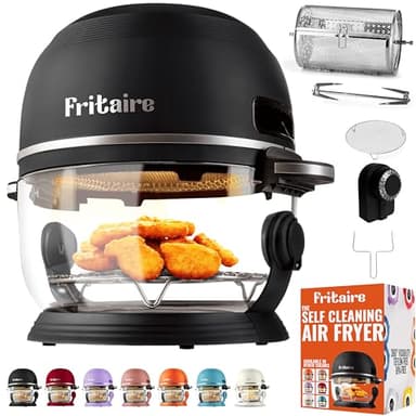Fritaire Non-Toxic Air Fryer-Teflon & BPA-Free,4.7LGlass Bowl, 360 Visibility,Easy Self-Cleaning,Vortex for Even Cooking,with Rotisserie and French Tumbler, Black