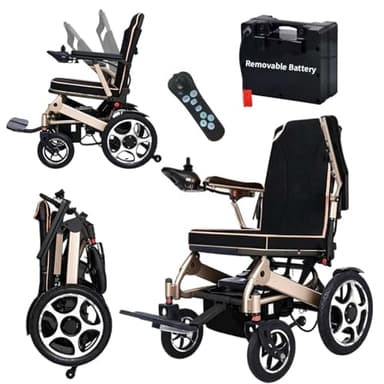 Rexhan Automatic Folding Wheelchair, Electric Folding Power Chair, 20 KM Removable Lithium Battery, 2 X 200W Brushless Motor, 19 KG Lightweight, Remote Control, Aluminium Frame, Electromagnetic Brakes