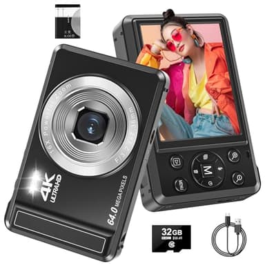 Digital Camera, 4K 64MP Autofocus UHD Compact Cameras for photography and video - Rechargeable Vlogging Camera with 32GB Card, Battery, 16X Digital Zoom for Kids Beginners Teenagers