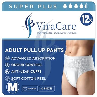 12 x Super Plus Incontinence Pants Women & Men | Adults Nappies | Advanced Absorption and Soft-Stretch Waistband | Adults Pull Up Pants | Waist Size Medium 65-135 cm |(1 Pack of 12, Medium)
