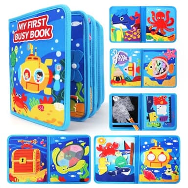 Busy Board for Toddlers, Montessori Toys for 1-2-3 Year Old Boys Girls Busy Book Birthday Gifts for 1 2 3 Year Old Sensory Toddler Toys for Travel Airplane Activities with Fishing Games
