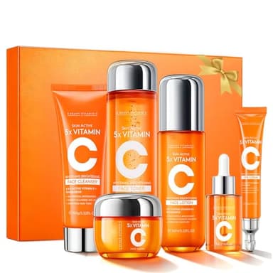 6PCS Vitamin C Skincare Set for Face,Hydrating & Brightening Facial Kit,Anti-Aging Moisturising Skin Care Gift Set for Women & Teenage Girls,Radiant Complexion & Daily Facial Routine