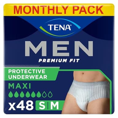 TENA Men Protective Underwear, Medium, Level 4 for Heavy Bladder Weakness, 48 pairs of Incontinence Pants (12 x 4 packs) for Men, with a Masculine and Discreet Style