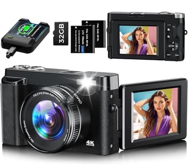 Digital Camera, 4K 48MP Autofocus Compact Digital Camera with 32G Memory Card 16X Digital Zoom, Vlogging Camera with 3.0 inch 180° Flip Screen and Charging Station for Teenagers, Beginners（Black）
