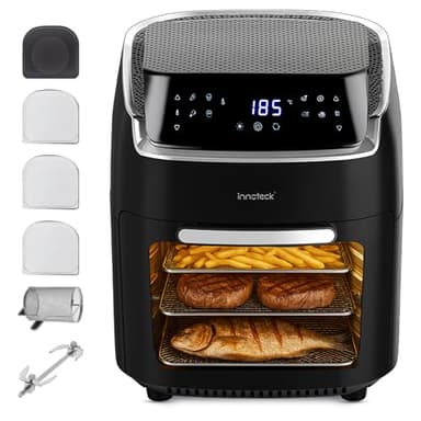 Innoteck Kitchen 12L Digital Air Fryer Oven with Rotisserie 1800W Large Air Fryer with Touch Panel & 8 Cooking Presets, Shelves, Basket, Racks & Drip Tray Black & Silver Finish