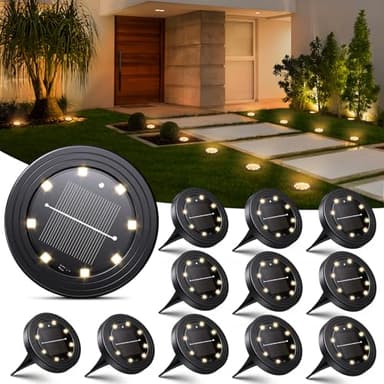 Famgoods Solar Lights Outdoor Garden, 12 Pack Warm White Solar Ground Lights IP68 Waterproof, 800mAh Long Life Pathway Landscape Lighting for Lawn, Garden, Patio, Pathway, Driveway